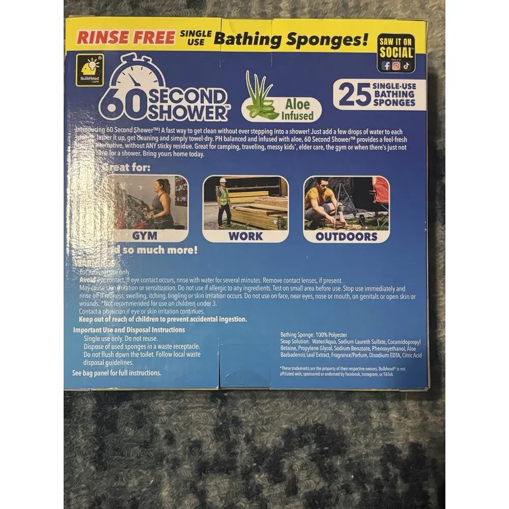 60 Second Shower Rinse Free 25 Single Use Bathing Sponges New 3 Available